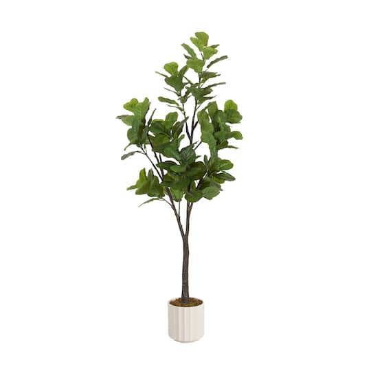 Kate and Laurel 6ft. Fidmont Faux Fiddle Fig Tree with White Planter